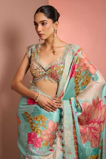 Neha Khullar_Aqua Crepe, Chiffon, Viscose Sweetheart Neck Hand Embroidered Saree With Blouse _at_Aza_Fashions