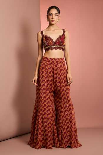 Neha Khullar_Red Organza, Crepe, Viscose Sweetheart Neck Hand Embroidered Blouse Sharara Set _Online_at_Aza_Fashions