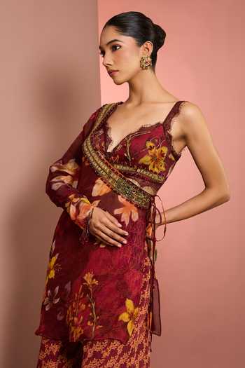 Buy_Neha Khullar_Red Organza, Crepe, Viscose Sweetheart Neck Hand Embroidered Blouse Sharara Set _Online_at_Aza_Fashions