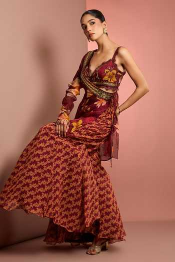 Shop_Neha Khullar_Red Organza, Crepe, Viscose Sweetheart Neck Hand Embroidered Blouse Sharara Set _Online_at_Aza_Fashions