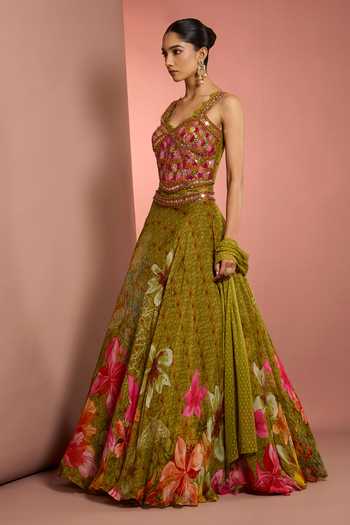 Buy_Neha Khullar_Green Organza, Viscose Sweetheart Neck Floral Pattern Lehenga Set _Online_at_Aza_Fashions