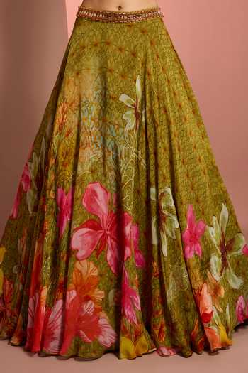 Shop_Neha Khullar_Green Organza, Viscose Sweetheart Neck Floral Pattern Lehenga Set _Online_at_Aza_Fashions