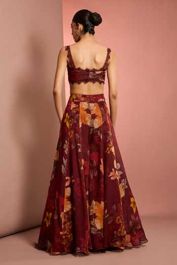 Neha Khullar Red Organza, Crepe, Viscose V-neck Floral Pattern Cape Sharara Set Online at Aza Fashions Neha Khullar_Red Organza, Crepe, Viscose V-neck Floral Pattern Cape Sharara Set _Online_at_Aza_Fashions