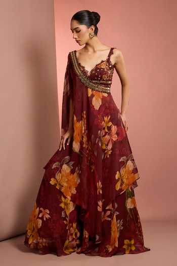 Buy Neha Khullar Red Organza, Crepe, Viscose V-neck Floral Pattern Cape Sharara Set Online at Aza Fashions Buy_Neha Khullar_Red Organza, Crepe, Viscose V-neck Floral Pattern Cape Sharara Set _Online_at_Aza_Fashions
