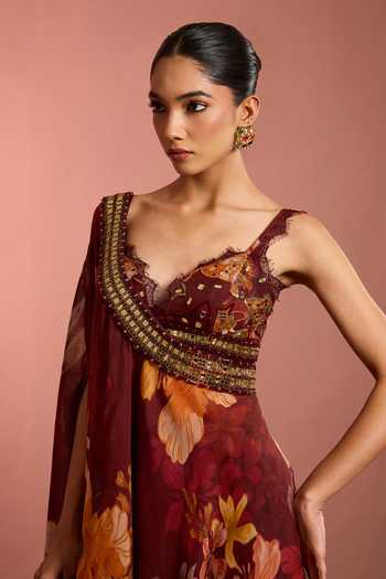 Shop Neha Khullar Red Organza, Crepe, Viscose V-neck Floral Pattern Cape Sharara Set Online at Aza Fashions Shop_Neha Khullar_Red Organza, Crepe, Viscose V-neck Floral Pattern Cape Sharara Set _Online_at_Aza_Fashions