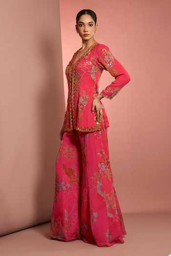 Buy_Neha Khullar_Pink Organza, Viscose V-neck Hand Embroidered Jacket With Sharara _Online_at_Aza_Fashions