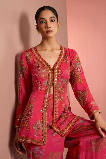 Neha Khullar_Pink Organza, Viscose V-neck Hand Embroidered Jacket With Sharara _at_Aza_Fashions