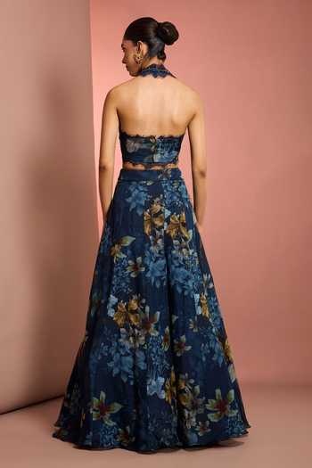 Neha Khullar_Blue Organza, Crepe, Viscose Open Neck, Hand Embroidered Jacket Sharara Set _Online_at_Aza_Fashions