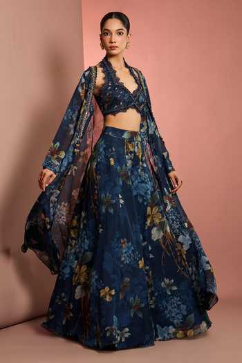 Buy_Neha Khullar_Blue Organza, Crepe, Viscose Open Neck, Hand Embroidered Jacket Sharara Set _Online_at_Aza_Fashions
