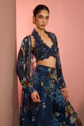 Shop_Neha Khullar_Blue Organza, Crepe, Viscose Open Neck, Hand Embroidered Jacket Sharara Set _Online_at_Aza_Fashions