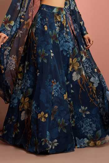 Neha Khullar_Blue Organza, Crepe, Viscose Open Neck, Hand Embroidered Jacket Sharara Set _at_Aza_Fashions