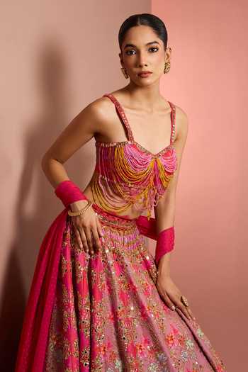 Neha Khullar_Pink Silk, Organza, Net, Viscose Sweetheart Neck Floral Print Lehenga Set _Online_at_Aza_Fashions