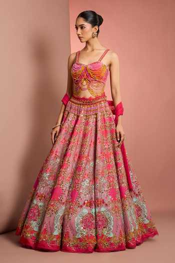 Buy_Neha Khullar_Pink Silk, Organza, Net, Viscose Sweetheart Neck Floral Print Lehenga Set _Online_at_Aza_Fashions