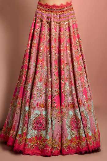 Shop_Neha Khullar_Pink Silk, Organza, Net, Viscose Sweetheart Neck Floral Print Lehenga Set _Online_at_Aza_Fashions