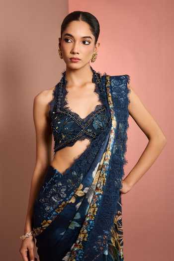 Buy_Neha Khullar_Blue Chiffon, Viscose Halter Neck Floral Pattern Saree With Blouse _Online_at_Aza_Fashions