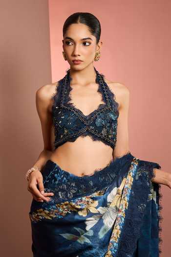 Shop_Neha Khullar_Blue Chiffon, Viscose Halter Neck Floral Pattern Saree With Blouse _Online_at_Aza_Fashions