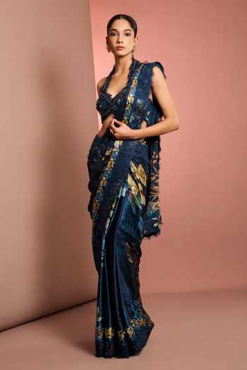 Neha Khullar_Blue Chiffon, Viscose Halter Neck Floral Pattern Saree With Blouse _at_Aza_Fashions