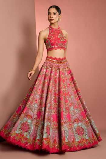 Buy_Neha Khullar_Pink Silk, Organza, Net, Viscose Halter Neck Floral Hand Embroidered Lehenga Set _Online_at_Aza_Fashions