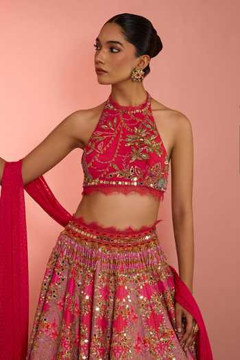 Shop_Neha Khullar_Pink Silk, Organza, Net, Viscose Halter Neck Floral Hand Embroidered Lehenga Set _Online_at_Aza_Fashions