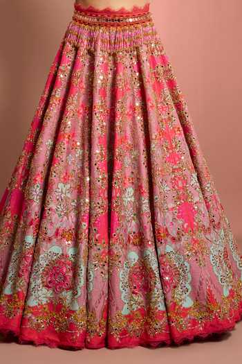 Neha Khullar_Pink Silk, Organza, Net, Viscose Halter Neck Floral Hand Embroidered Lehenga Set _at_Aza_Fashions