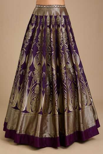 Neha Khullar_Purple Silk, Organza Sweetheart Neck Banarasi Lehenga Set _Online_at_Aza_Fashions
