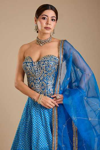 Neha Khullar_Blue Silk Mirrors, Gota Patti Sweetheart Hand Embroidered Corset Lehenga Set _Online_at_Aza_Fashions