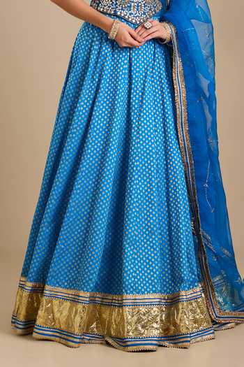 Buy_Neha Khullar_Blue Silk Mirrors, Gota Patti Sweetheart Hand Embroidered Corset Lehenga Set _Online_at_Aza_Fashions