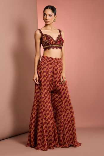 Neha Khullar_Red Organza, Crepe, Viscose V-neck Floral Pattern Jacket Sharara Set _Online_at_Aza_Fashions