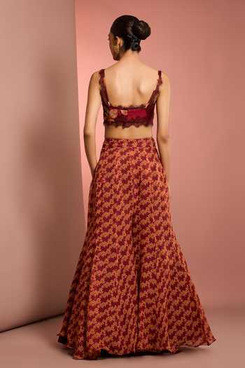 Buy_Neha Khullar_Red Organza, Crepe, Viscose V-neck Floral Pattern Jacket Sharara Set _Online_at_Aza_Fashions