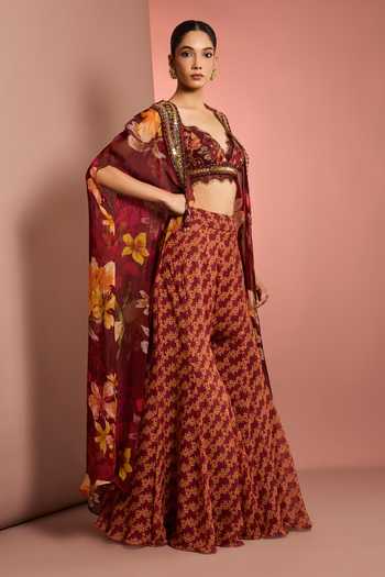 Shop_Neha Khullar_Red Organza, Crepe, Viscose V-neck Floral Pattern Jacket Sharara Set _Online_at_Aza_Fashions
