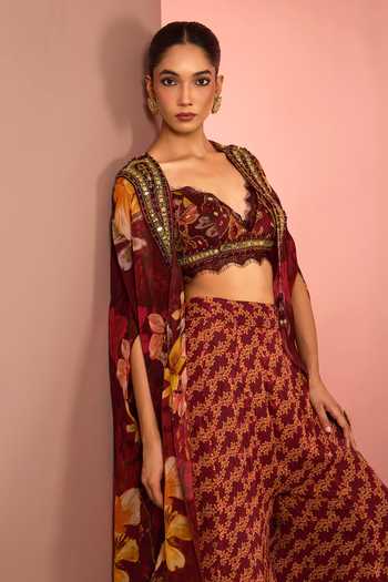 Neha Khullar_Red Organza, Crepe, Viscose V-neck Floral Pattern Jacket Sharara Set _at_Aza_Fashions