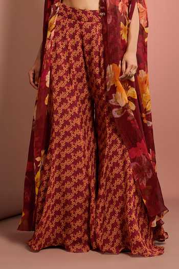 Buy_Neha Khullar_Red Organza, Crepe, Viscose V-neck Floral Pattern Jacket Sharara Set 