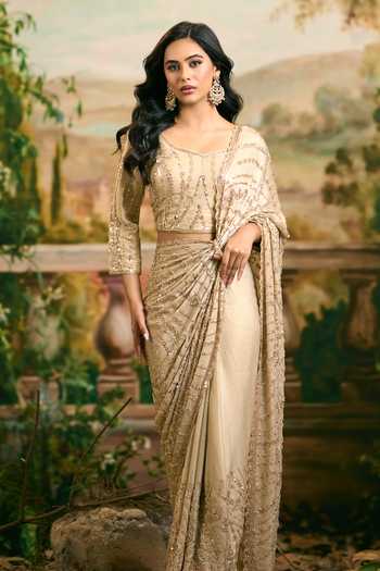 Buy_Samyukta Singhania_Beige Scoop Neck Hand Embroidered Banarasi Saree And Blouse Set _Online_at_Aza_Fashions