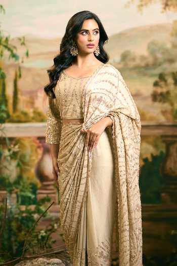 Shop_Samyukta Singhania_Beige Scoop Neck Hand Embroidered Banarasi Saree And Blouse Set _Online_at_Aza_Fashions