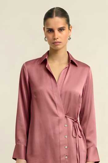 Shop_Neora By Nehal Chopra_Pink Bemberg, Silk Collared Wrap Shirt _Online_at_Aza_Fashions