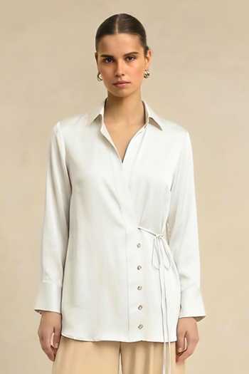 Neora By Nehal Chopra_Ivory Bemberg, Silk Collared White Wrap Shirt _Online_at_Aza_Fashions