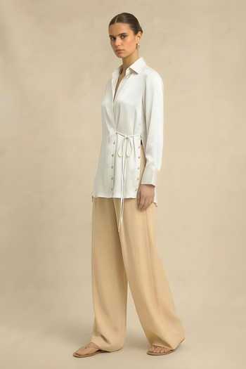 Shop_Neora By Nehal Chopra_Ivory Bemberg, Silk Collared White Wrap Shirt _Online_at_Aza_Fashions