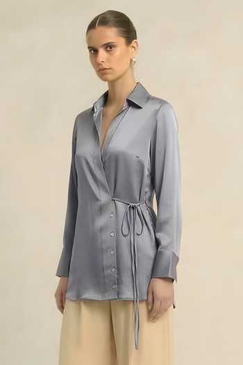 Neora By Nehal Chopra_Grey Silk, Bemberg Collared Steel Wrap Shirt _Online_at_Aza_Fashions