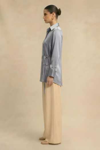 Buy_Neora By Nehal Chopra_Grey Silk, Bemberg Collared Steel Wrap Shirt _Online_at_Aza_Fashions