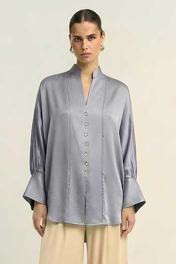 Shop_Neora By Nehal Chopra_Grey Silk, Bemberg Mandarin Collar, V-neck Steel Shirt _Online_at_Aza_Fashions