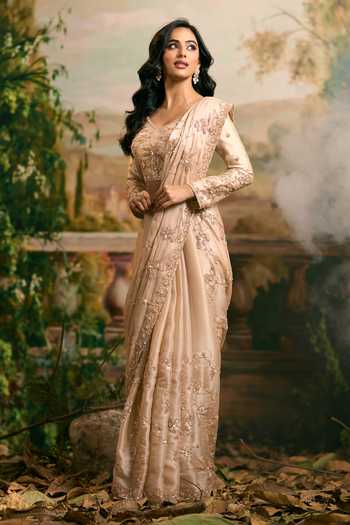 Shop_Samyukta Singhania_Beige Tissue V-neck Hand Embroidered Banarsi Saree And Blouse Set _Online_at_Aza_Fashions