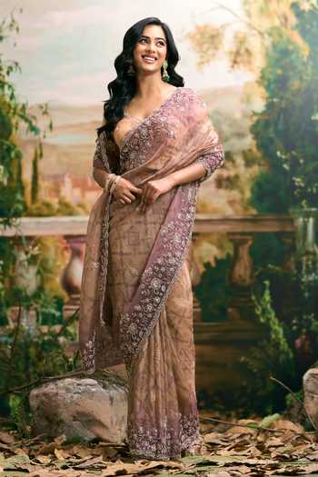 Buy_Samyukta Singhania_Purple Tissue Scoop Neck Embroidered Banarsi Saree And Blouse Set _Online_at_Aza_Fashions