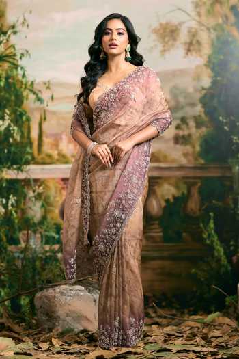 Shop_Samyukta Singhania_Purple Tissue Scoop Neck Embroidered Banarsi Saree And Blouse Set _Online_at_Aza_Fashions