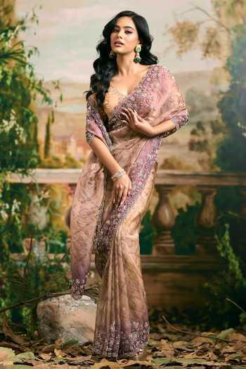 Buy_Samyukta Singhania_Purple Tissue Scoop Neck Embroidered Banarsi Saree And Blouse Set 