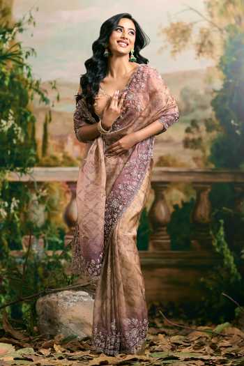 Shop_Samyukta Singhania_Purple Tissue Scoop Neck Embroidered Banarsi Saree And Blouse Set 