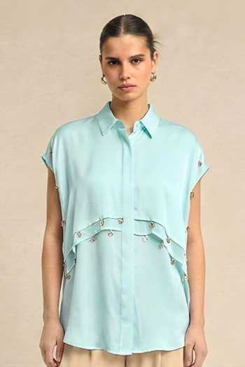 Shop_Neora By Nehal Chopra_Blue Silk, Bemberg Collared Tropical Breeze Coin Flap Shirt _Online_at_Aza_Fashions