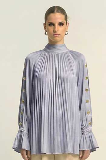 Shop_Neora By Nehal Chopra_Grey Silk, Bemberg High Neck Steel Halter Top _Online_at_Aza_Fashions