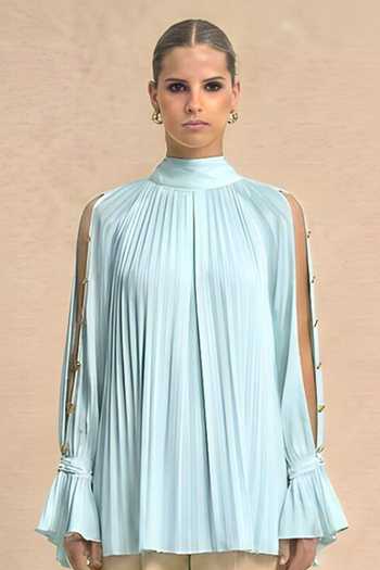 Shop Neora By Nehal Chopra Blue Silk, Bemberg High Neck Tropical Breeze Halter Top Online at Aza Fashions Shop_Neora By Nehal Chopra_Blue Silk, Bemberg High Neck Tropical Breeze Halter Top _Online_at_Aza_Fashions