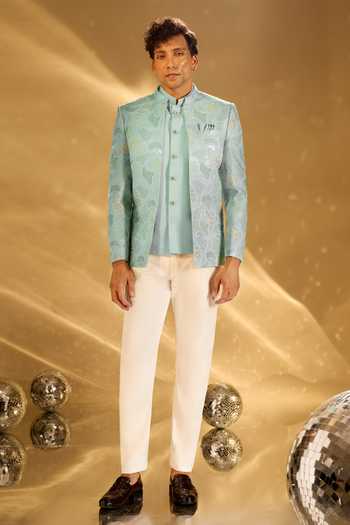 Shop_Arihant Rai Sinha_Green Silk Embroidery Pastel Bandhgala Set _Online_at_Aza_Fashions