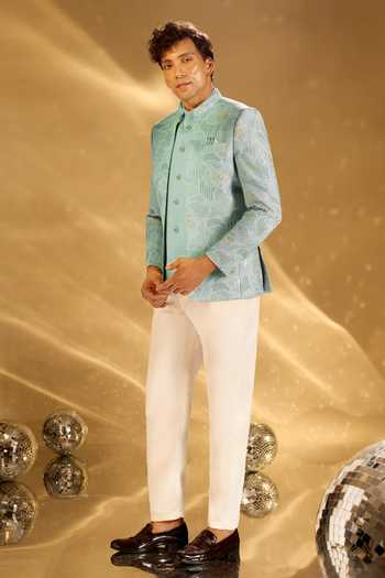 Arihant Rai Sinha_Green Silk Embroidery Pastel Bandhgala Set _at_Aza_Fashions